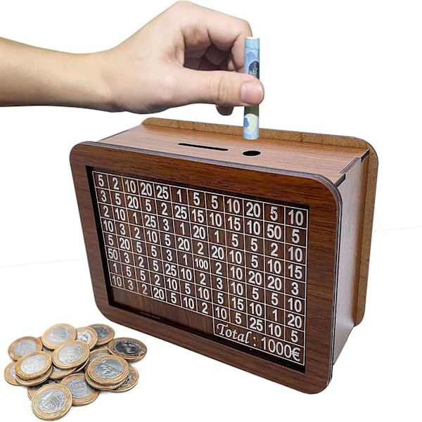 Vintage spargris i trä - Återanvändbar spargris med sparmål