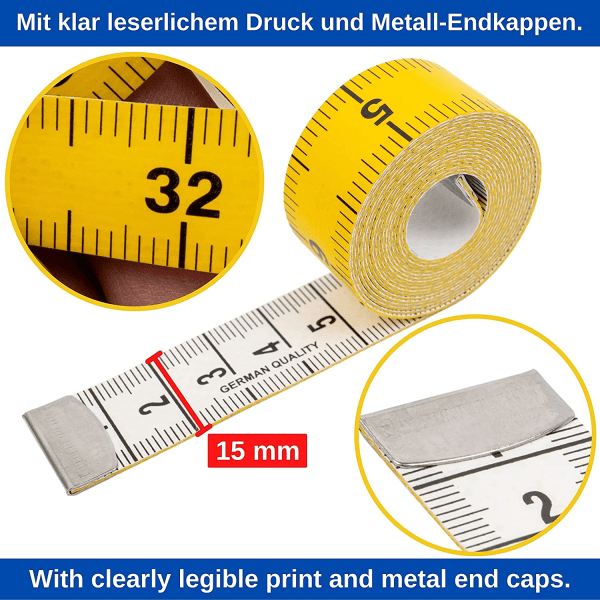 Räätälin mittanauha, jonka kokonaispituus on 150 cm, 2 in 1 -nauha