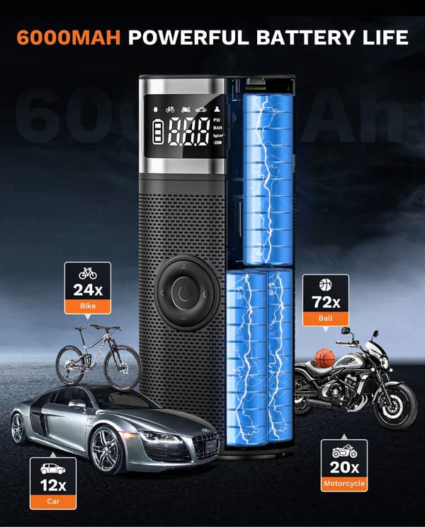 Svart - 6000mAh Mini Bärbar Luftkompressor, Bil Däckpump