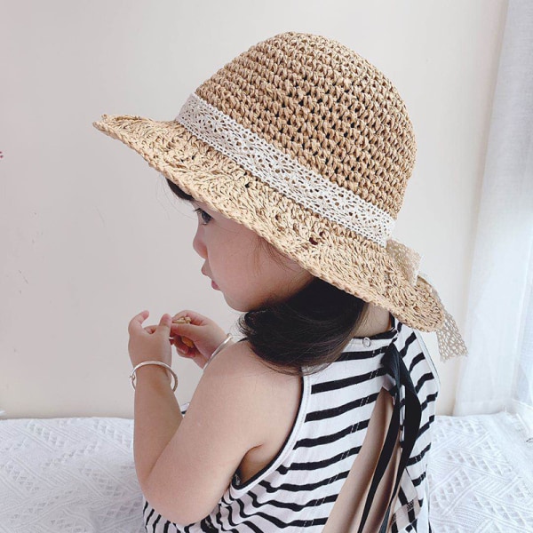 Baby Girl Summer Straw Hat, Beige, 8-48 Months with Lace Bow and