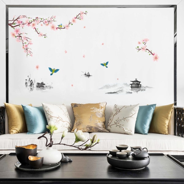 Peach Blossoms & Birds veggklistremerker (240x150 cm) I selvklebende