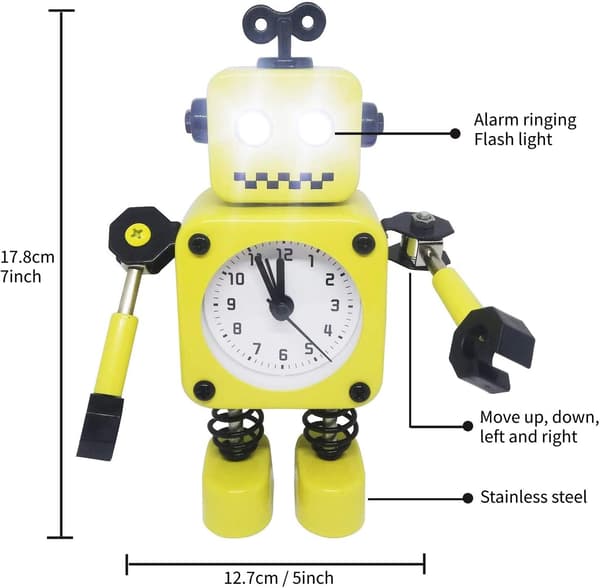 Gul robot väckarklocka, rostfritt metall tyst väckarklocka wit