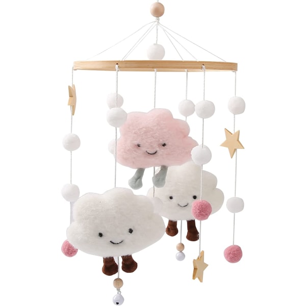 Baby Chime with Felt Balls Clouds Stars Baby Mobile Wood Mobile