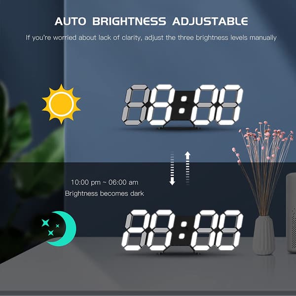 Svart 3D LED digital väggklocka stor lysande väckarklocka ljud