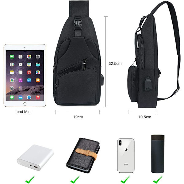 Miesten crossbody-salkku, rintalaukku USB-latauksella ja E