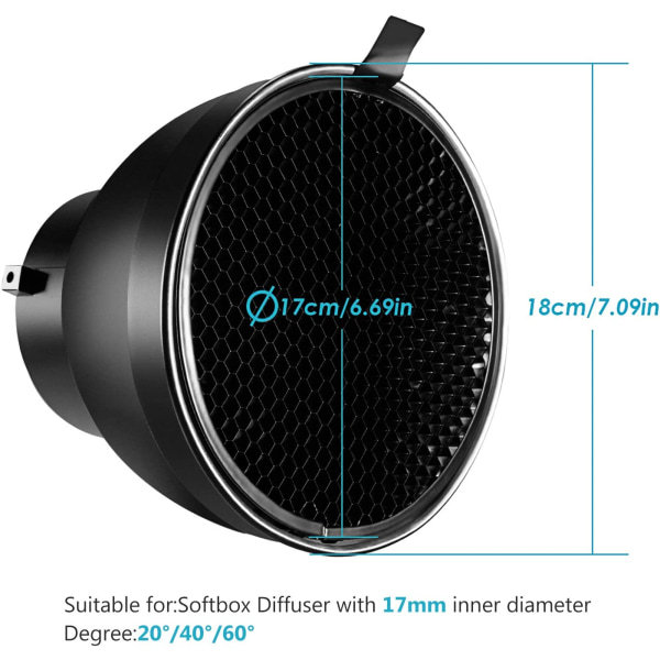 18 cm standardreflektor mjuk diffusor med 20/40/60 graders honung