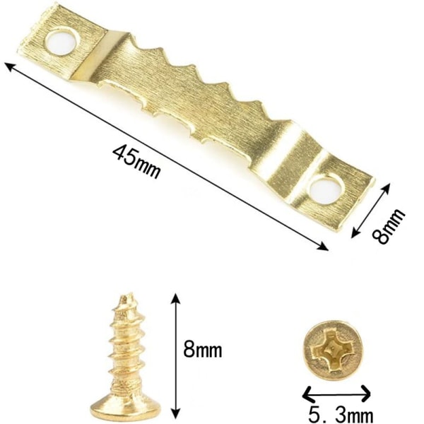 Billedophæng 100 stk. savtakket ophæng til billedrammer Billedrammekroge Metal Billedrammeophæng Dobbelthulsæt med 200 monteringsskruer, guld