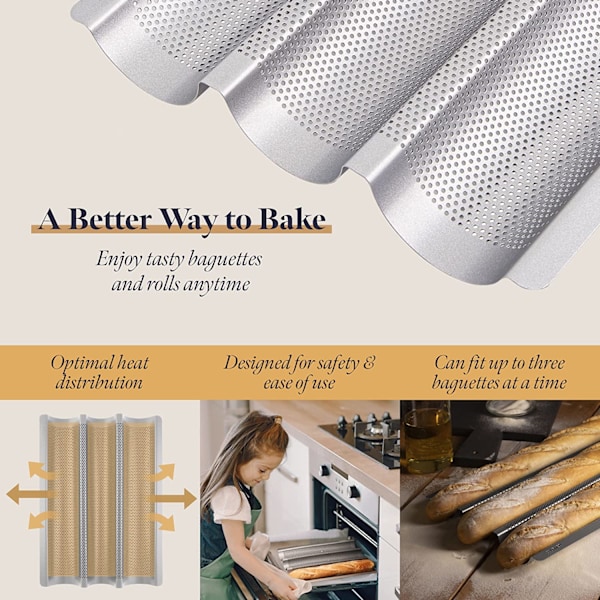 Non-stick baguetteform til ovn - perforeret brødform til bagning af 3 baguettes - nem at bruge og rengøre