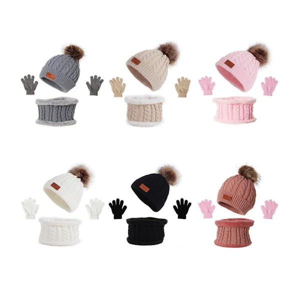 3st Winter Girls Beanie Hat Scarf och handskar Set Classic Knit W