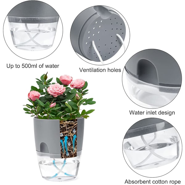 Grå - Automatisk innendørs blomsterpotte i plast med vanningssystem