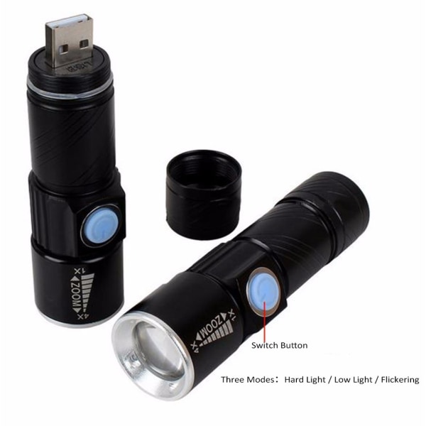 Mini USB lommelykt i aluminiumslegering (svart), LED-lykt med sterkt lys, Re