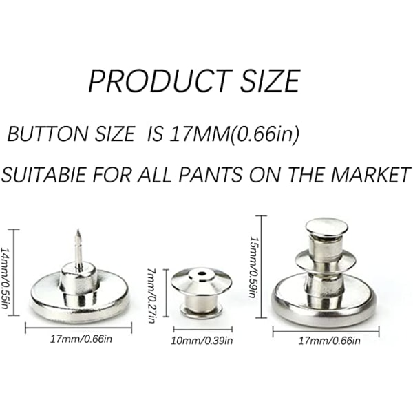 10 deler jeansknapp, 17 mm avtakbar metall DIY-knapp, justerbar