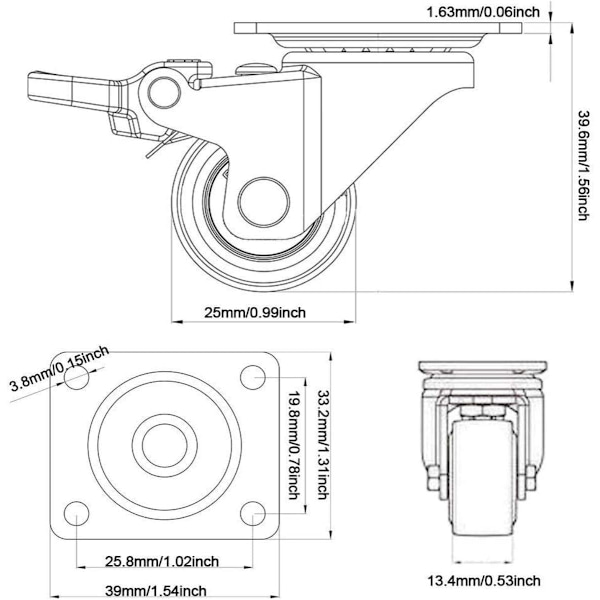 Heavy Duty Castor Wheels + Skruer - 25mm op til 40KG - Pakke med 1