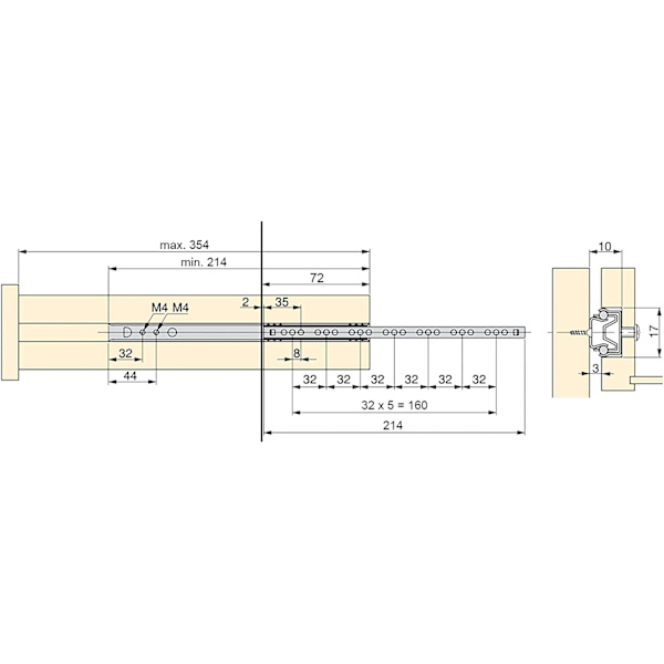 Förpackning med 1 par (2 stycken) glidskenor/kulskenor Utdrag del 17mm