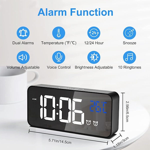 Svart-Digital Alarm Clock, LED Digital Clock Digital Morning Alarm Clock med Temperatur/Snooze/2 Alarm/12/24 Timer/USB Ladeport/10 Musikk