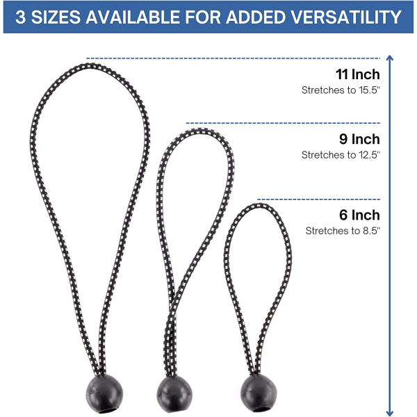 25-pak kulebungee-snøre, 5 tommer, svart, kraftig og allsidig