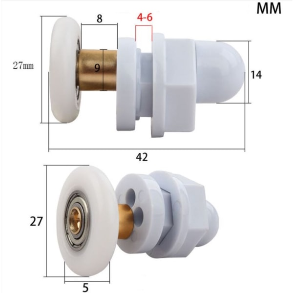 8 stk, 27 mm dusjhjul for skyvedører i dusj