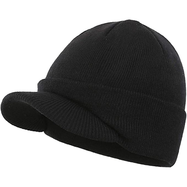 Herre Vinter Beanie Hat-Sort med Skygge Varm Dobbelt Strik Manchet Be