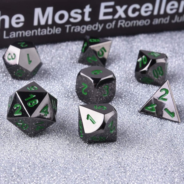 Metall Polyhedral 7-Die Dice Set, Glansende Svartmalt og Mørkegrønn Tall Sink Alloy Dice med Metall, Rollespill Dice Set for Dungeons and Dragons RPG Dice Gaming