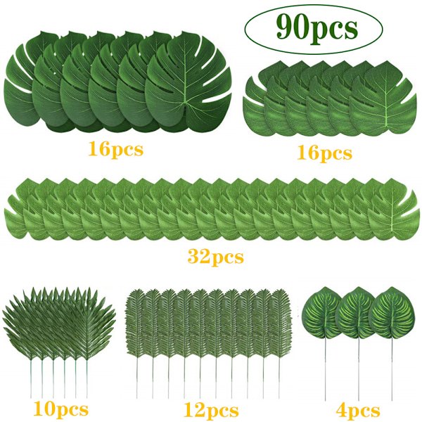 90 Kunstige Palmeblade 6 Typer med Stilke, Tropisk Plante, Pa