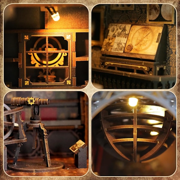 DIY Bokhjørne-sett - Miniatyr Tre Dukkehus med Møbler og LED-Lys - Astronomimuseum
