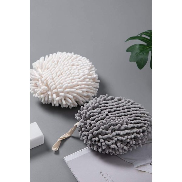 Fluffy håndklekule sett med 2 hvite og grå - Tørk hendene
