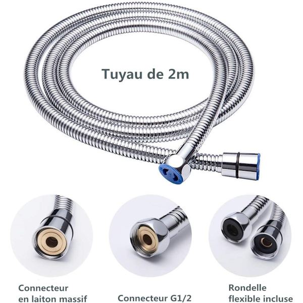 Duschhuvud + 2M flexibel duschslang, duschhuvud med slang, 5