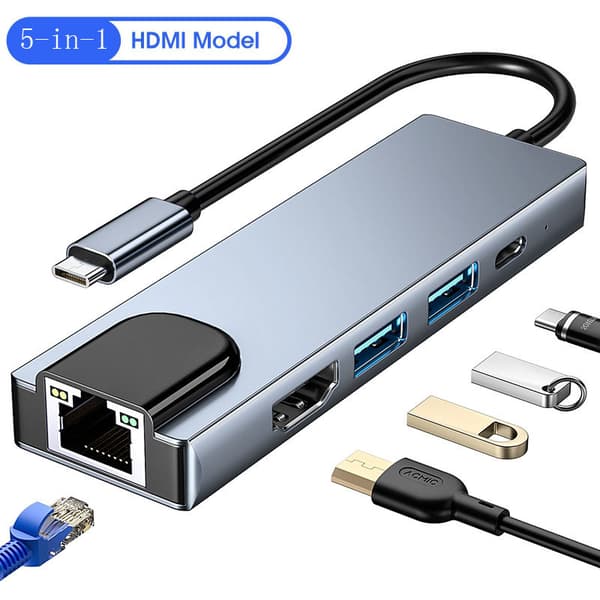 USB-dokkingstasjon for datamaskin, 5 i 1 USB-C-hub til HDMI-adapter