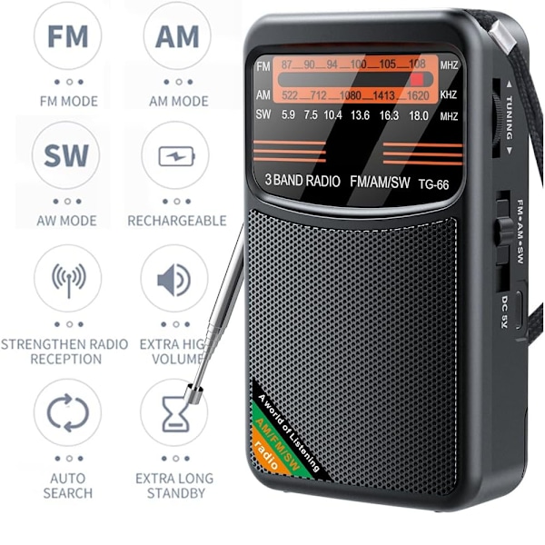 FM/AM/SW - Bærbar Mini Radio - Katastroferadio - Sort