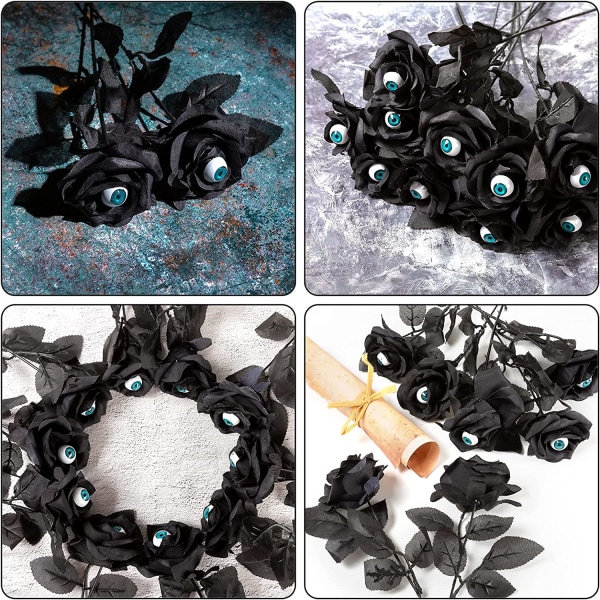 10-pack svarta konstgjorda sidenrosor blommor med ögonglober Fake S