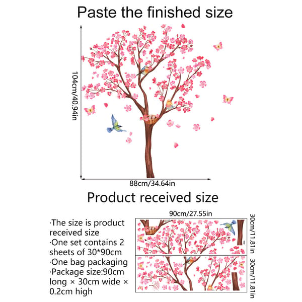 decalmile Pink Blossom(Tree H: 90cm) Tree Wall Decals Birds on B