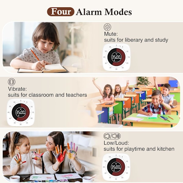 Oppladbar visuell timer (hvit), digital timer med 4 alarmmodi