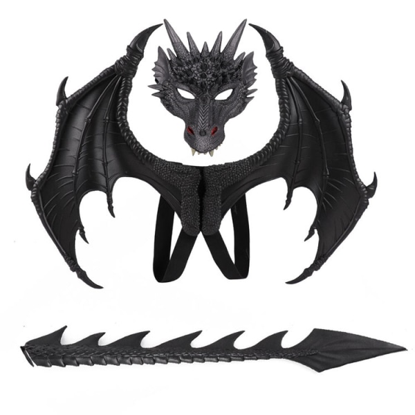 Kids Dragon Wings Kostym, Dinosaur Tail Mask Set, Cosplay svart