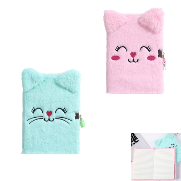 2 stk. Fuzzy Plush notesbog med lås og nøgler Journal Cute R