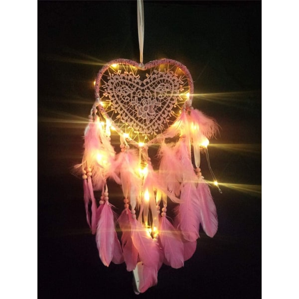 Dream Catcher (20*45cm, vaaleanpunainen, vaalea), Boho Style LED-valo käsintehty