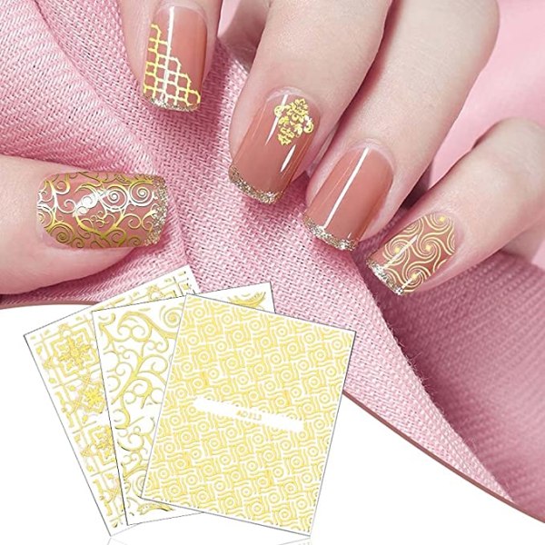 20 stk Nail Art Stickers Set, 3D Selvklebende Bronzing Gold Gli