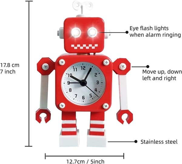 Röd Vit Robot Väckarklocka, Rostfritt Stål Tyst Växklklocka