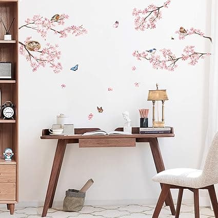 decalmile Pink Blossom(Tree H: 90cm) Tree Wall Decals Birds on B