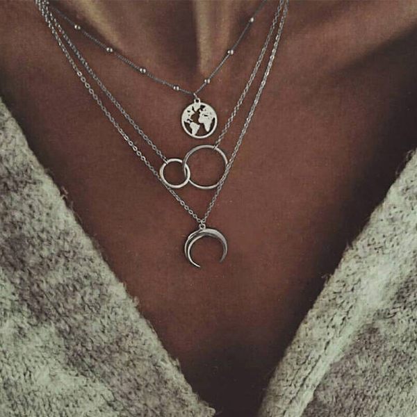 Flerskiktade halsband karta och dubbel halvmåne cirkelhänge halsband kedja smycken för kvinnor och flickor (Silver)