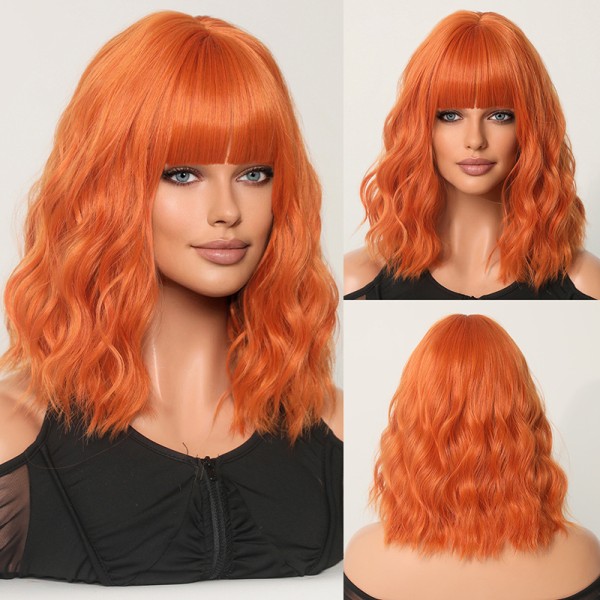 Skitten oransje parykk kvinners kort krøllete hår air bangs medium l