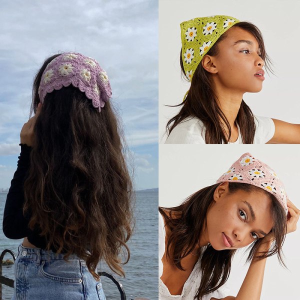 2 stycken blommiga virkade hårband för kvinnor (lila och gröna)