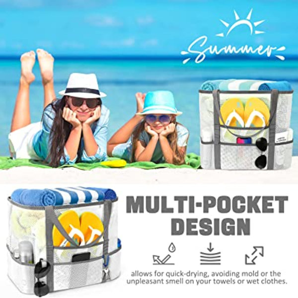 Mesh Strandtaske, Stor Strandtaske Svømmetaske Foldbar Mesh Tote