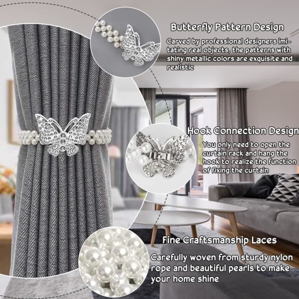 Pcs Moderne Gardin Holdbacks Gardin Holdbacks Hvite Gardin Holdbacks Dekorasjon Tilbehør med Sommerfugl og Perler Design for Hjemmekontor Restaurant Dekorasjon C