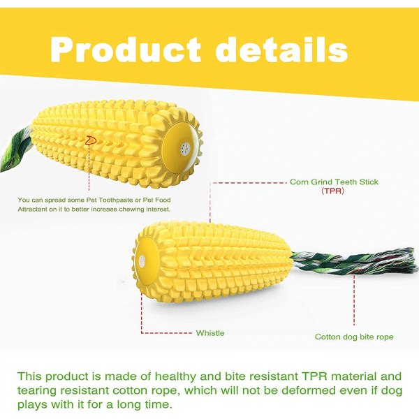 Uknuselig hundeleke, naturlig gummi pipende hundeleke, pinne tyggebestandig mais tannbørste bitt, morsomt å tygge, jage og hente