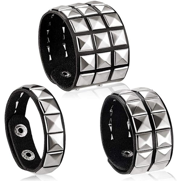 Unisex Svart Äkta Läder Silver Pyramid Nitar Armband 80-tal