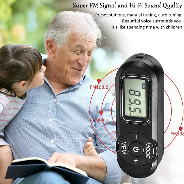 Walkman FM-radio, Mini Bärbar Digital Radio med Hörlurar, Bältesklämma, LCD-Skärm, Fickradio för