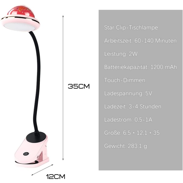 LED-klämma på lampa för barn, rosa, USB-laddningsbar läslampa med stjärnprojektion, 360° gåshals