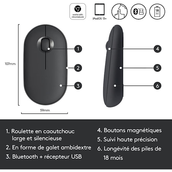 Musta langaton hiiri Bluetooth- tai 2,4 GHz -vastaanottimella, hiljainen