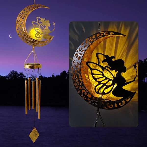 Solar Wind Chimes Moon Fairy Hanging Outdoor Decor Crackle Glass