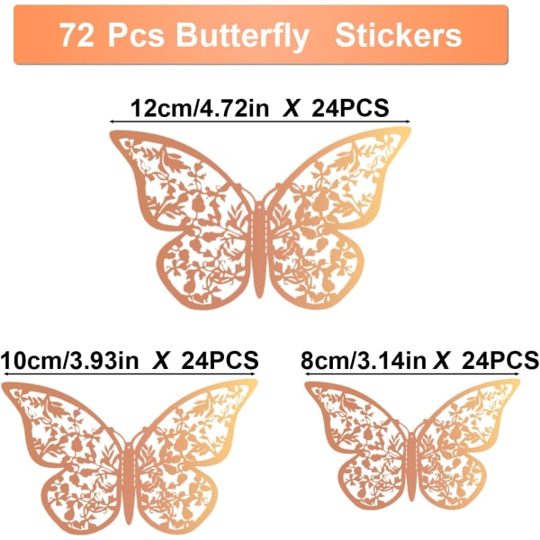 Rose Gold 72stk 3d Butterfly Stickers 3 Størrelser Wall Decals Soveværelse